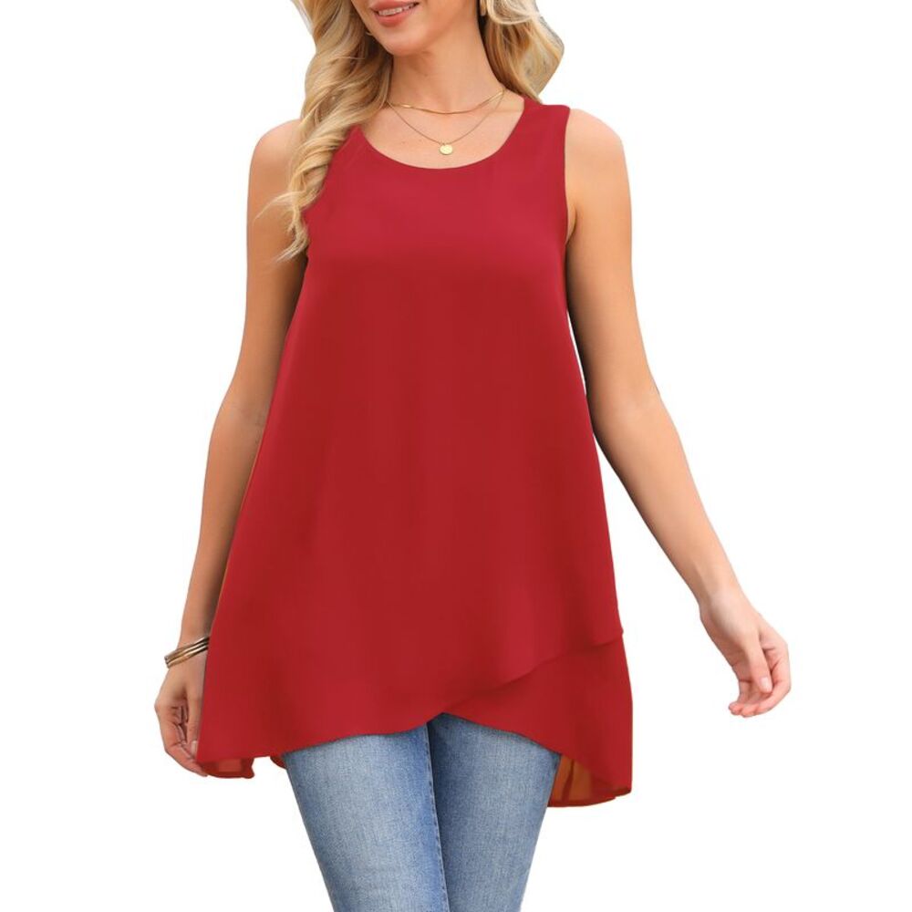 Women's High Low Top Sleeveless Chiffon Blouse Crewneck Summer Tops Red